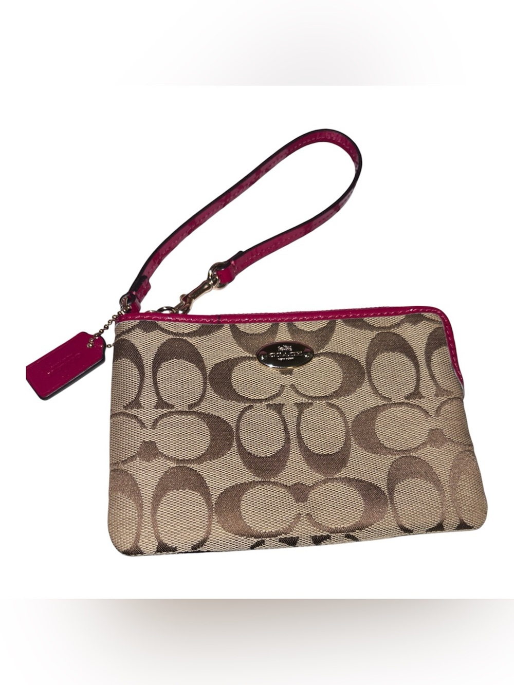 Coach Beige Signature Canvas Wristlet with Pink Trim